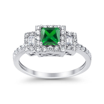 Halo Wedding Ring Baguette Simulated Green Emerald CZ 925 Sterling Silver